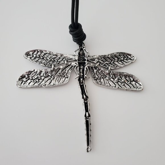 Elegant Large Silver Dragonfly Pendant on Long Leather Cord Necklace Rustic Look - Picture 5 of 12